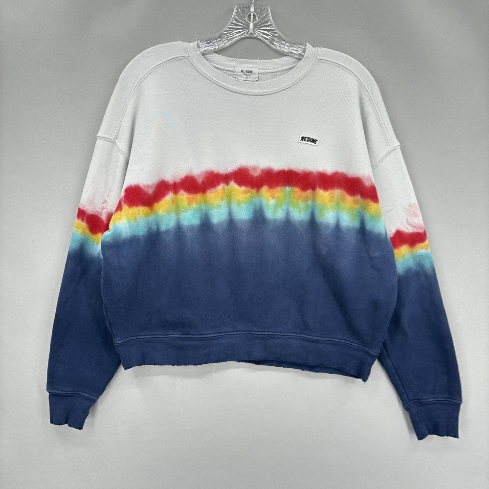 RE/DONE Sweatshirt Womens Small White Blue‎ Rainbow Tie Dye Crewneck Made USA